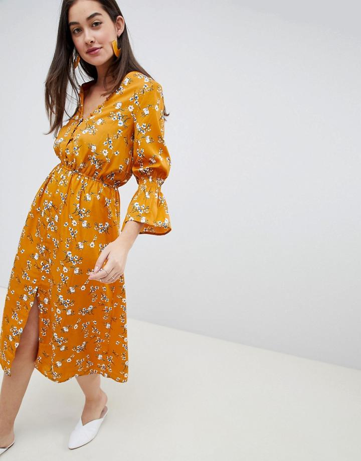 Influence Floral Button Down Midi Dress - Yellow