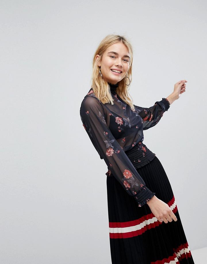 New Look Printed Mesh Shirred Blouse - Black