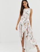 Chi Chi London Midi Dress With Wrap Skirt And Hi Low Hem In Floral Print-multi