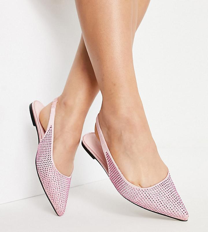 Asos Design Wide Fit Lala Pointed Slingback Flats In Pink Diamante