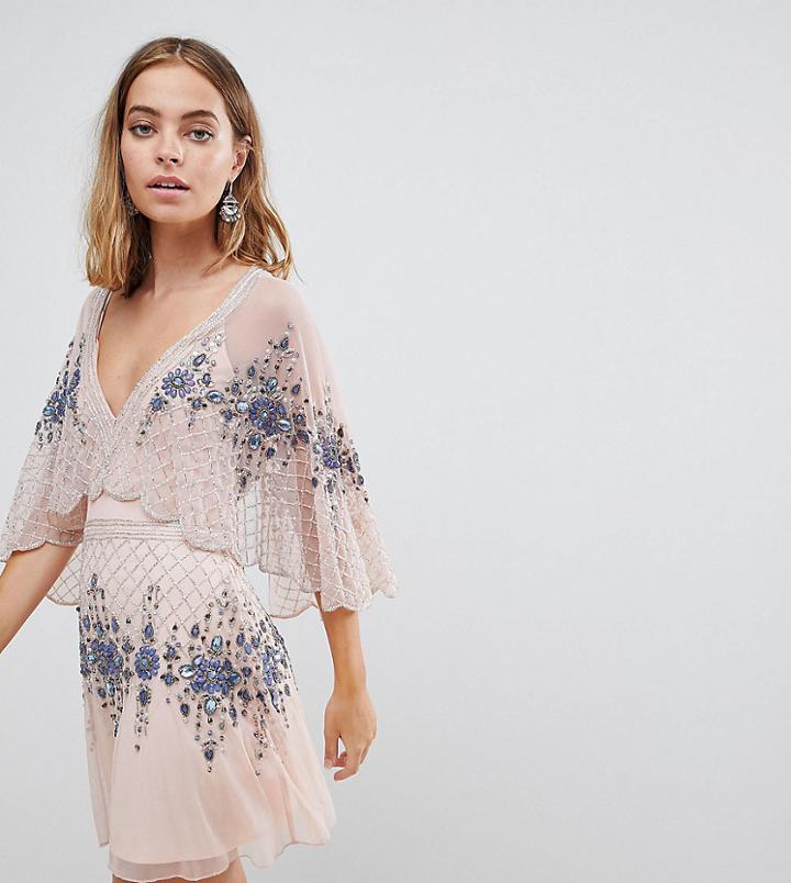 Frock And Frill Petite Premium All Over Embellished Mini Skater Dress With Cape Detail - Pink