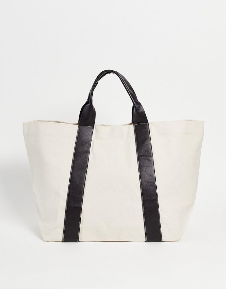 Asos Design Heavyweight Oversized Cotton Tote Bag With Faux Leather Straps In Ecru-neutral