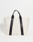 Asos Design Heavyweight Oversized Cotton Tote Bag With Faux Leather Straps In Ecru-neutral