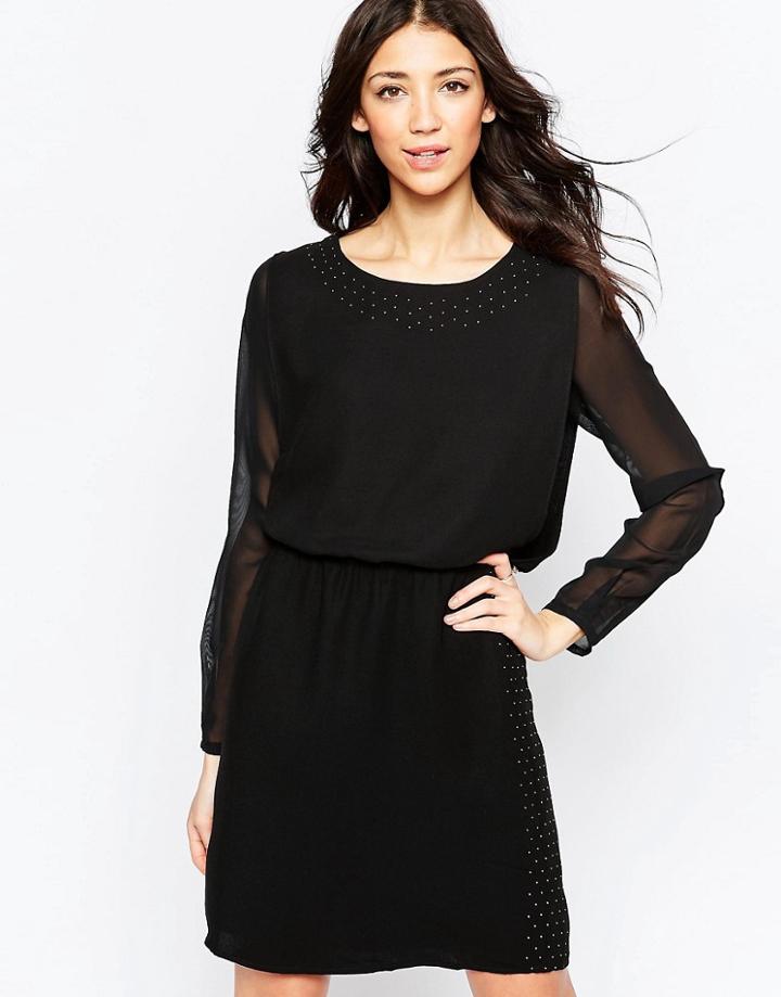 Lavand Long Sleeve Dress With Sheer Sleeves - Bk
