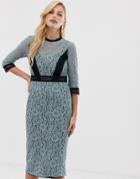Little Mistress Long Sleeve Lace Contrast Trim Pencil Midi Dress - Blue