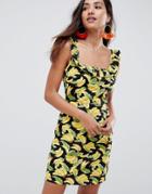Asos Design Ruffle Front Sundress In Banana Print - Multi