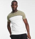 French Connection Tall Color Block Piping T-shirt In White Light Olive