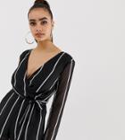 Missguided Tie Waist Plunge Romper In Mono Stripe - Black