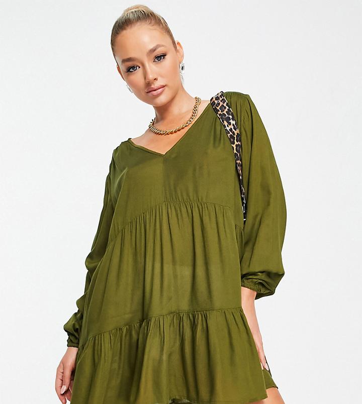 Esmee Exclusive Mini Tiered Smock Dress With Long Sleeve In Khaki-green
