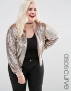 Asos Curve Bomber Jacket In Rose Gold Sequin - Gold