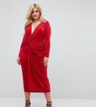 Asos Curve Plunge Twist Front Midi Dress - Red