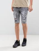 Religion Denim Shorts With Shredded Rips - Gray