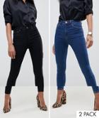 Asos Design Ridley Skinny Jeans 2 Pack In Black And Mid Blue Wash Save 16%-multi