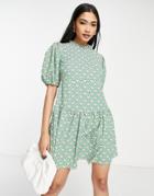Vila Mini Dress With Puff Sleeves In Green And Pink Retro Print
