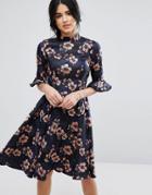 Chi Chi London Floral Jacquard Midi Dress With Fluted Sleeve - Multi