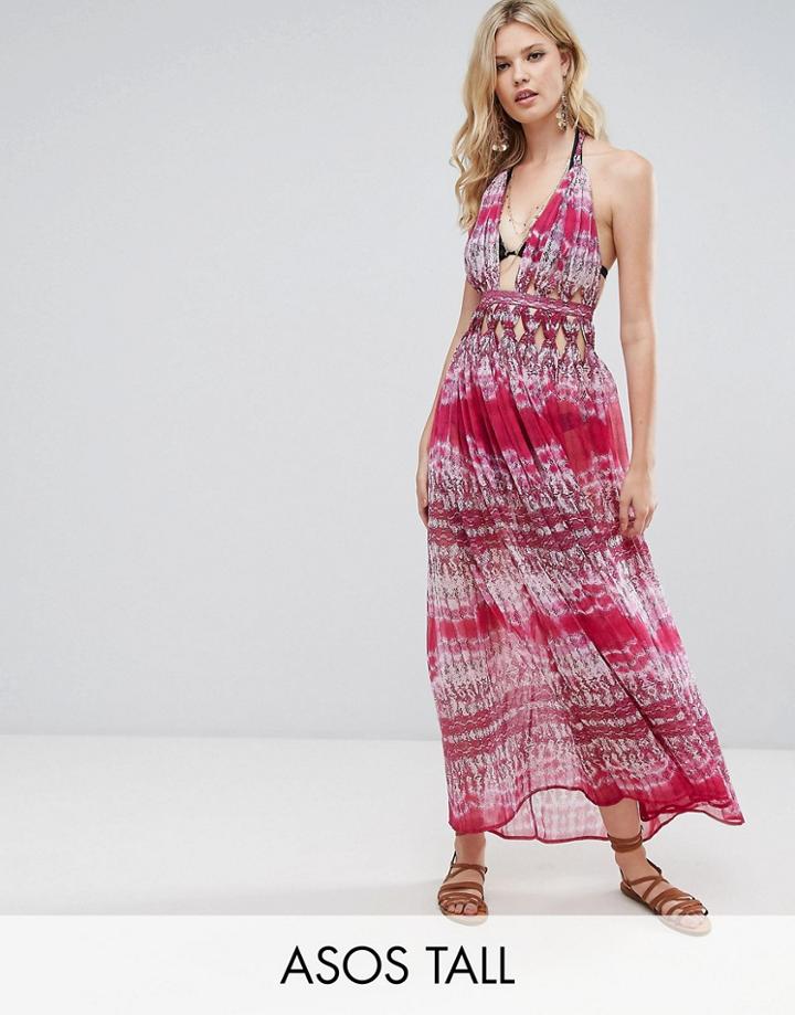 Asos Tall Beach Pink Snake Print Knot Waist Chiffon Maxi Dress - Multi