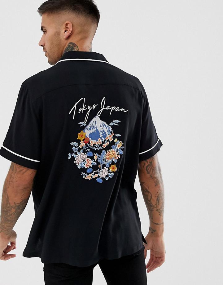 Asos Design Oversized Revere Shirt With Back Embroidery - Black