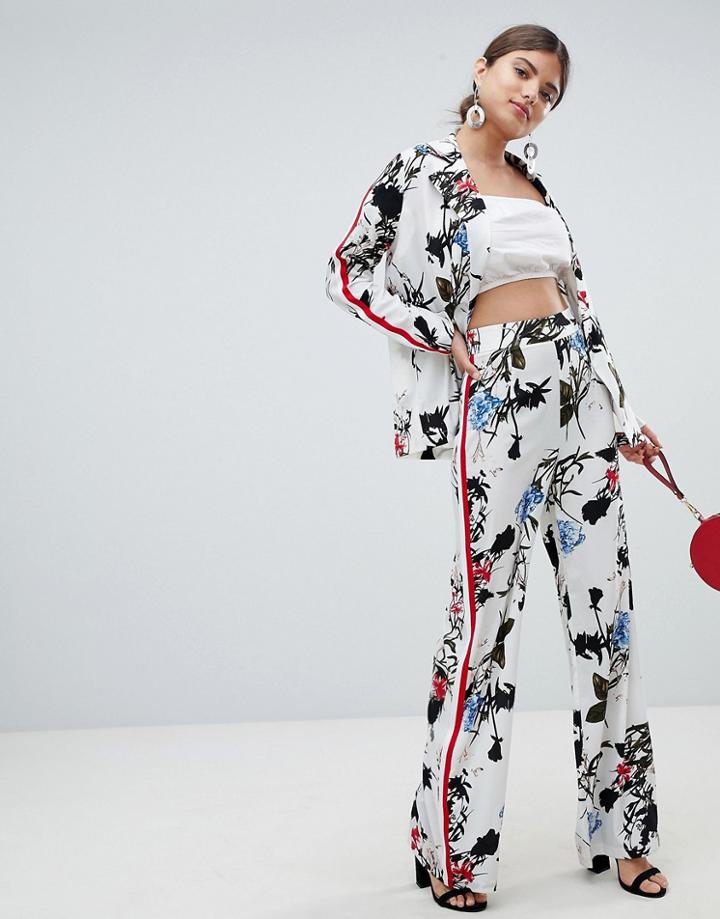 Prettylittlething Floral Side Stripe Wide Leg Pants - White