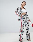 Prettylittlething Floral Side Stripe Wide Leg Pants - White