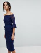 Little Mistress All Over Lace Bardot Midi Dress With Fluted Sleeve Detail - Navy