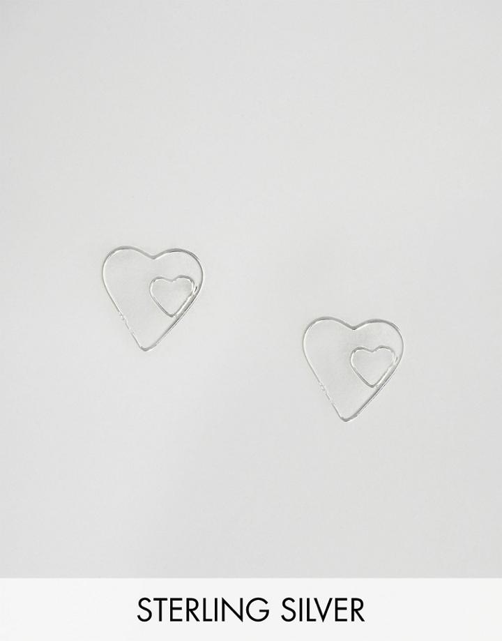Asos Sterling Silver Double Heart Hoop Earrings - Silver