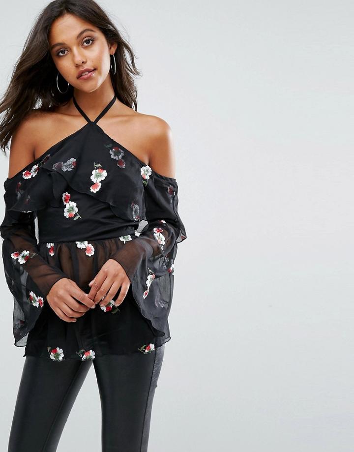 Missguided Chiffon Floral Embroidered Blouse - Black