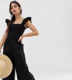 Asos Design Petite Shirred Frill Sleeve Jumpsuit - Black