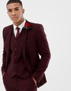 Asos Design Wedding Skinny Suit Jacket In Burgundy Wool Mix Herringbone - Red