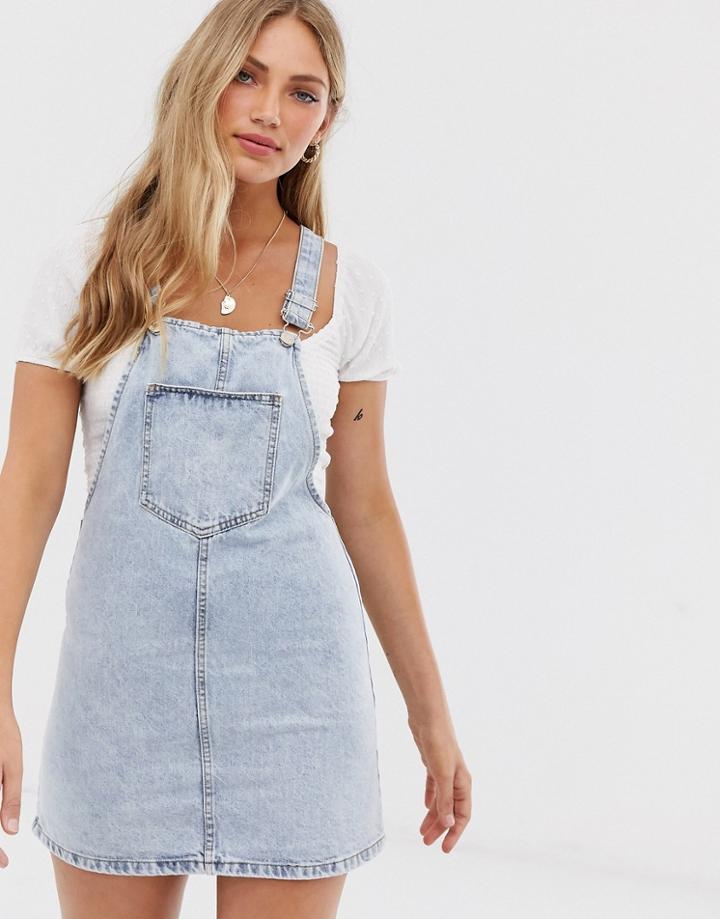 Stradivarius Denim Pinafore Dress In Blue - Blue