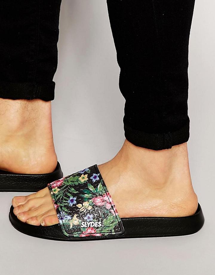 Slydes Tropical Print Slyder Flip Flops - Black
