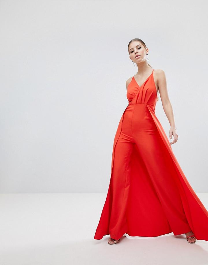 Asos Design Drape Bodice Jumpsuit With Wide Leg And Overlay - Red