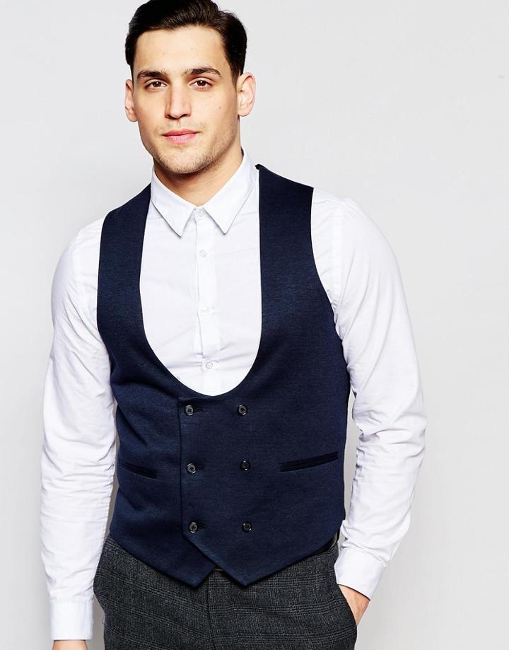 Asos Slim Vest In Half Moon In Navy Jersey - Navy