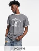 Reclaimed Vintage Inspired Relaxed Ringer T-shirt With Thunderbay Stag Graphic In Charcoal-gray