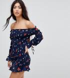 Fashion Union Petite Bardot Shirred Dress With Ribbon Tie Cuffs In Floral Folk Print - Navy