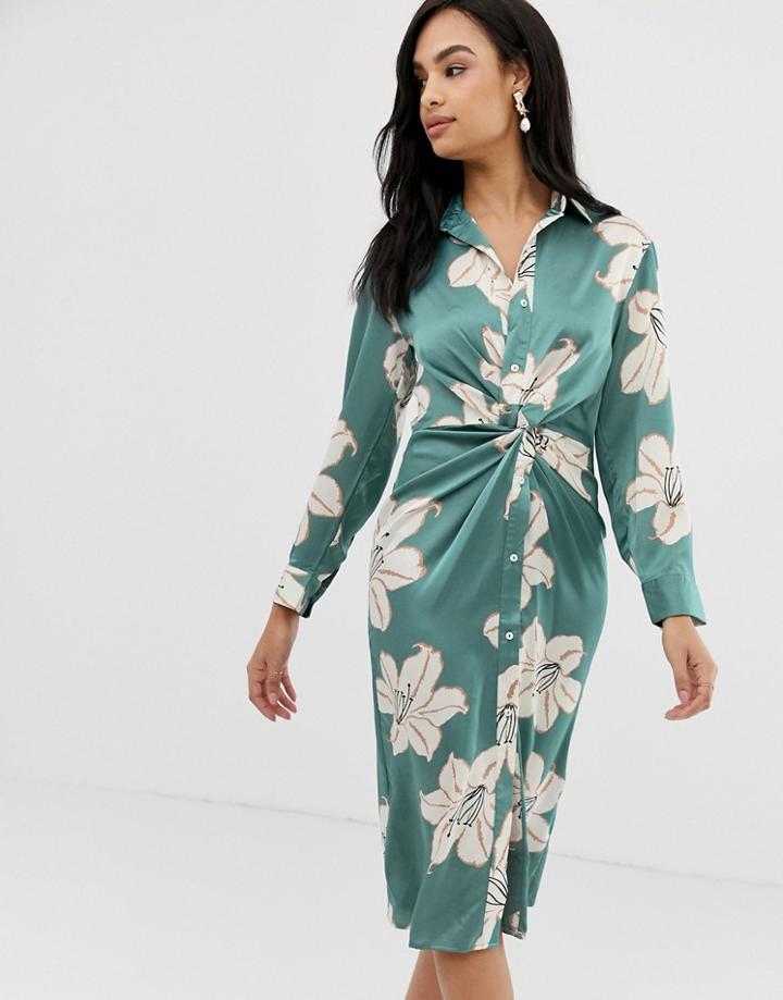 Liquorish Floral Midi Shirt Dress With Twist Front Detail-multi