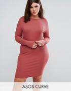 Asos Curve Mini Bodycon Dress In Rib With Long Sleeves - Red