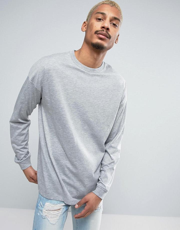 Asos Oversized Long Sleeve T-shirt With Cuff In Gray Marl - Gray