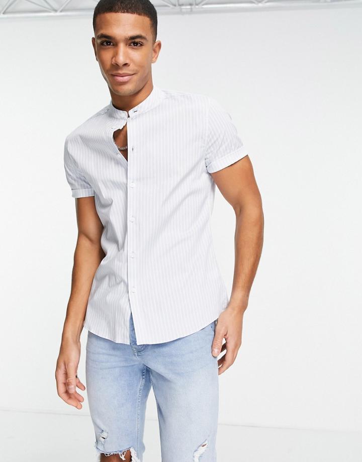 Asos Design Slim Fit Striped Shirt With Grandad Collar In Blue-blues