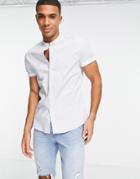 Asos Design Slim Fit Striped Shirt With Grandad Collar In Blue-blues