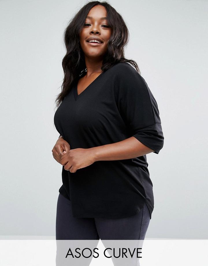 Asos Curve Oversized T-shirt In Rib With Dip Back - Black