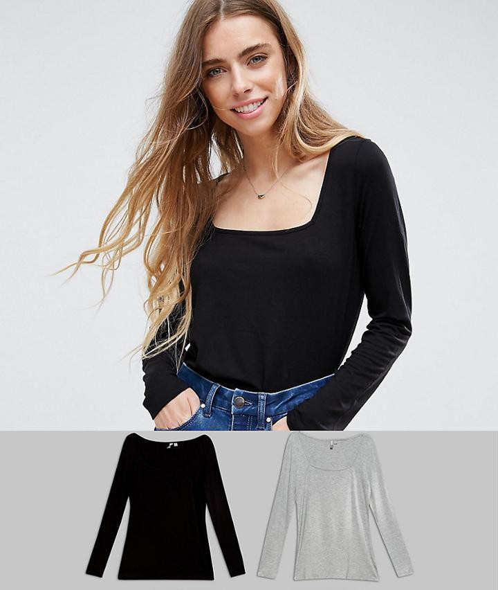 Asos Design T-shirt With Square Neck And Long Sleeve 2 Pack Save - Multi