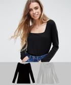 Asos Design T-shirt With Square Neck And Long Sleeve 2 Pack Save - Multi
