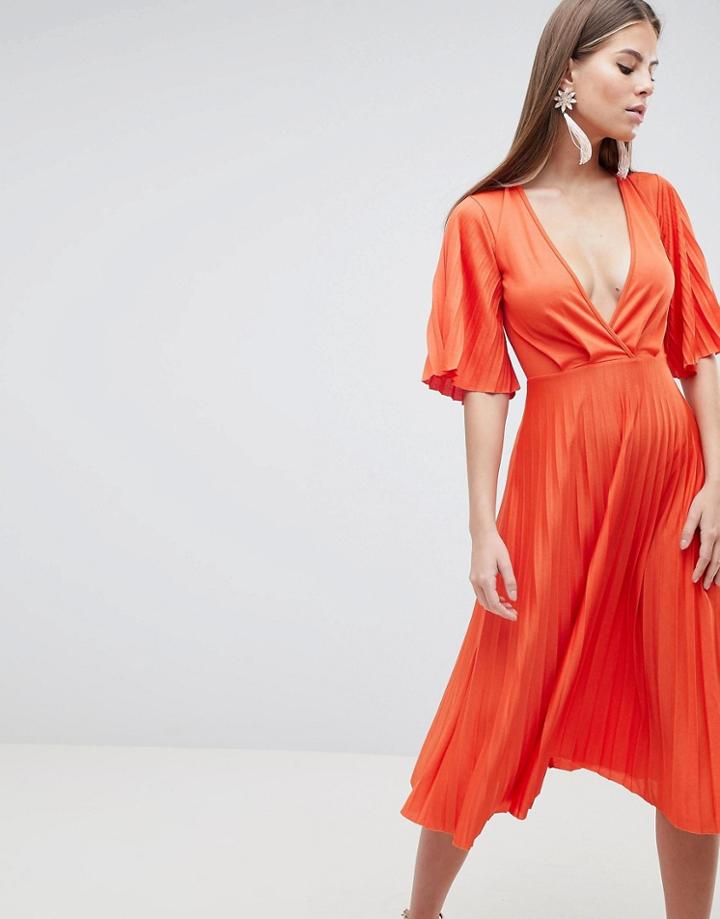Asos Design Pleated Kimono Sleeve Midi Dress - Orange