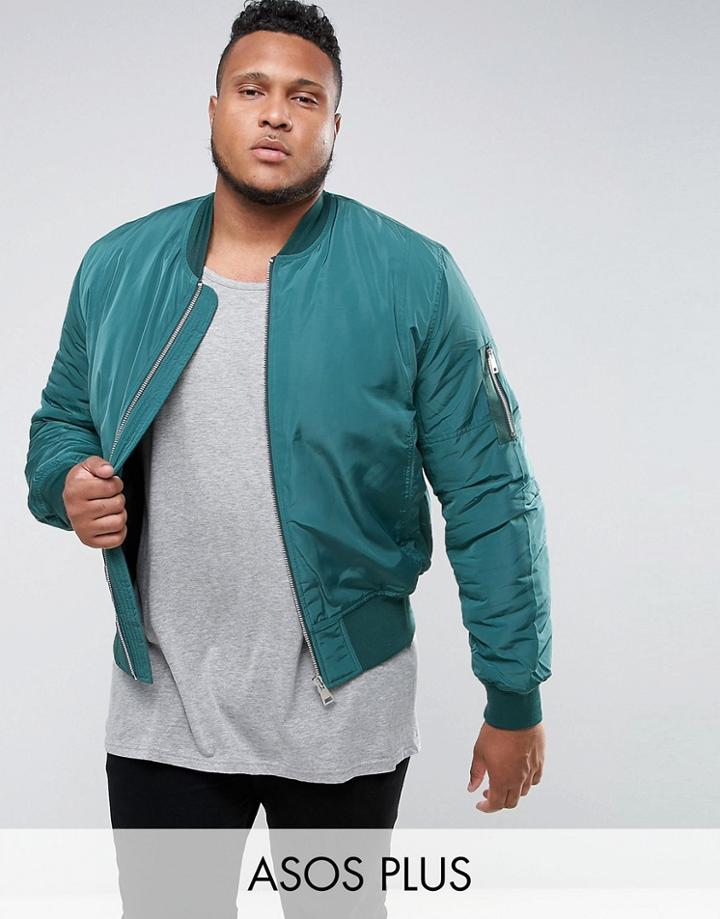 Asos Plus Bomber Jacket With Ma1 Pocket In Bottle Green - Green