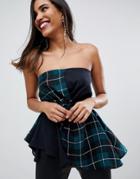 Asos Design Bandeau Top In Check With Asymmetric Hem - Multi