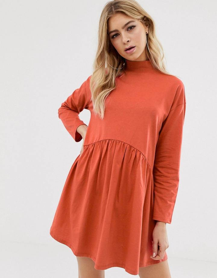 Asos Design High Neck Curve Seam Smock Dress-orange