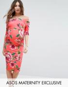 Asos Maternity Half Sleeve Bardot Dres In Red Base Floral - Red