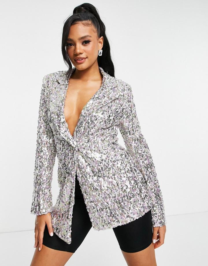 Club L London Iridescent Long Sleeve Sequin Blazer In Multi
