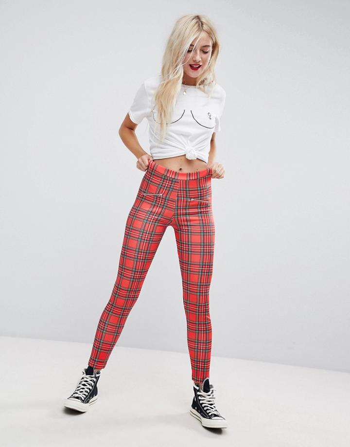 Asos Skinny Pants In Plaid Check With Zip Details - Red
