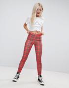 Asos Skinny Pants In Plaid Check With Zip Details - Red